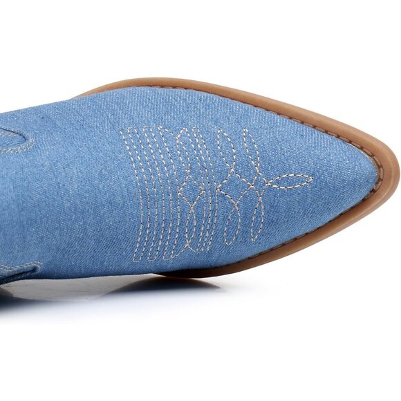 Women's Blue Knee High Long Pointed Toe With Zip Western Cowboy Boots - Picture 3 of 8